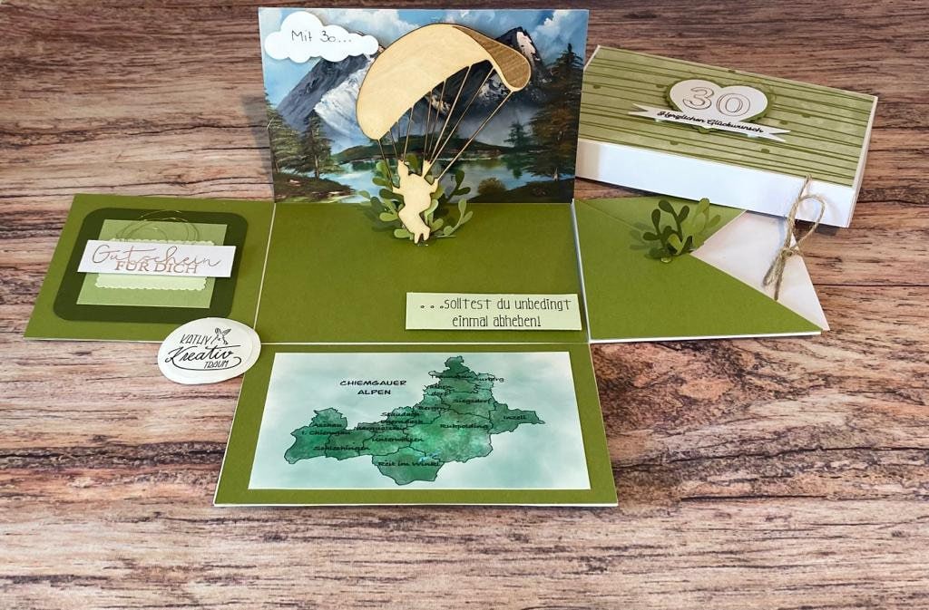 Explosionsbox Paragliding Gutscheinbox Geldgeschenk Fallschirmsprung
