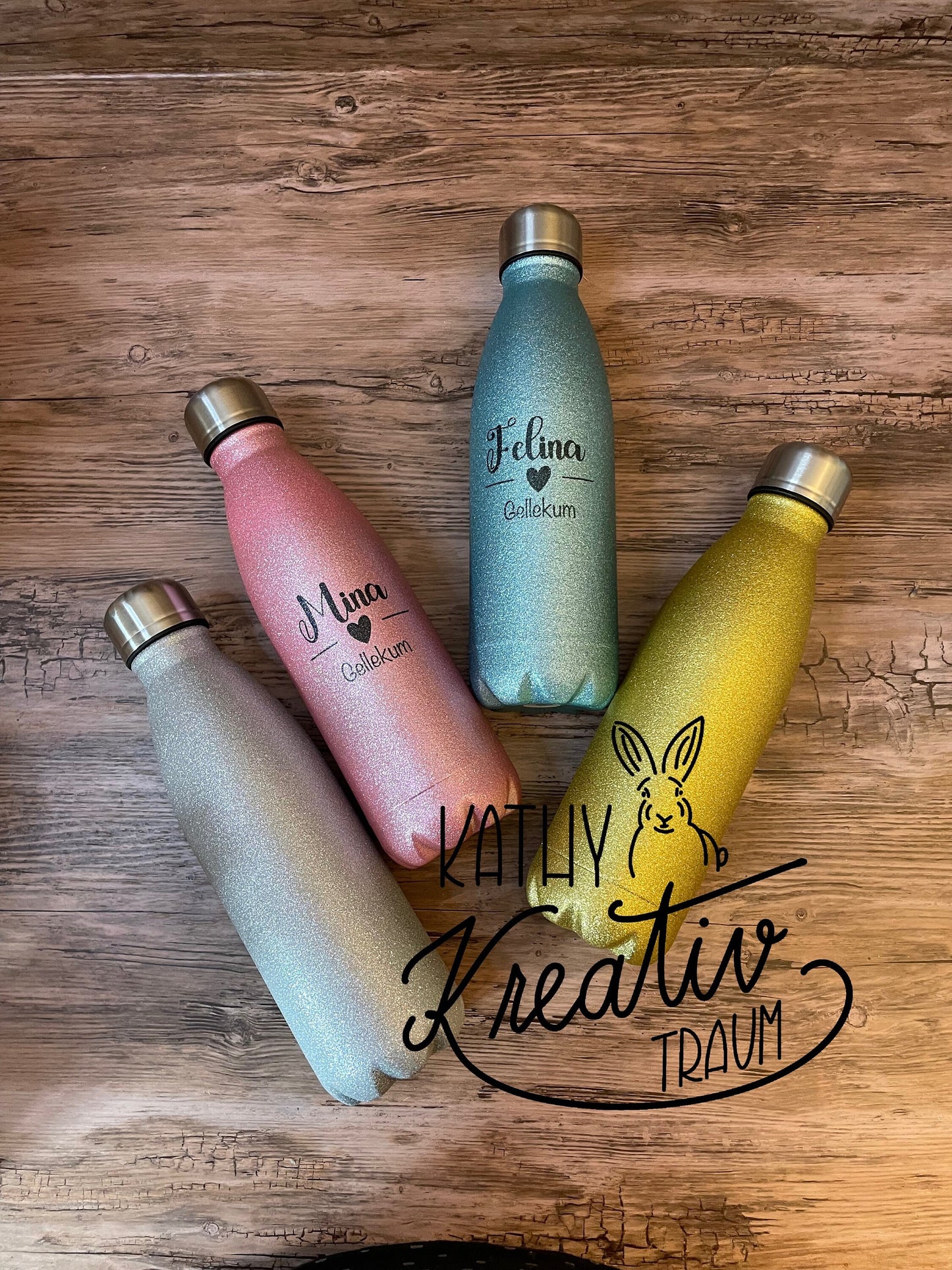 Trinkflasche, Flasche, Glitzer, Fahrradflasche Wasserflasche 500ml Edelstahl mit Glitzeroberfläche