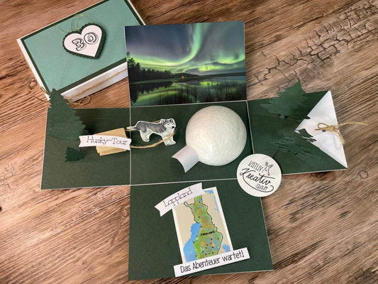 Explosionsbox XL Polarlichter Lappland Husky Tour Geschenkgutschein Iglu Übernachtung Eisangeln Nordlichter