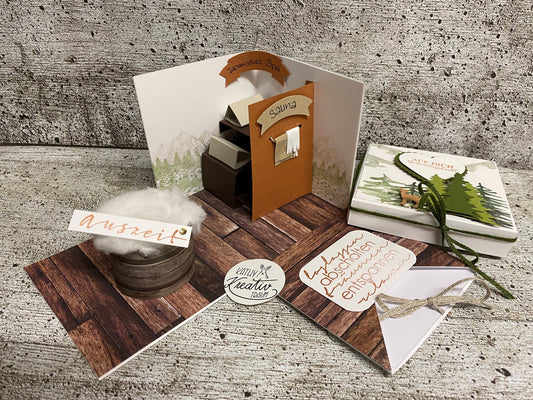 Explosionsbox Wellnessgutschein Gutscheinverpackung Saunagutschein Therme Geschenkideen