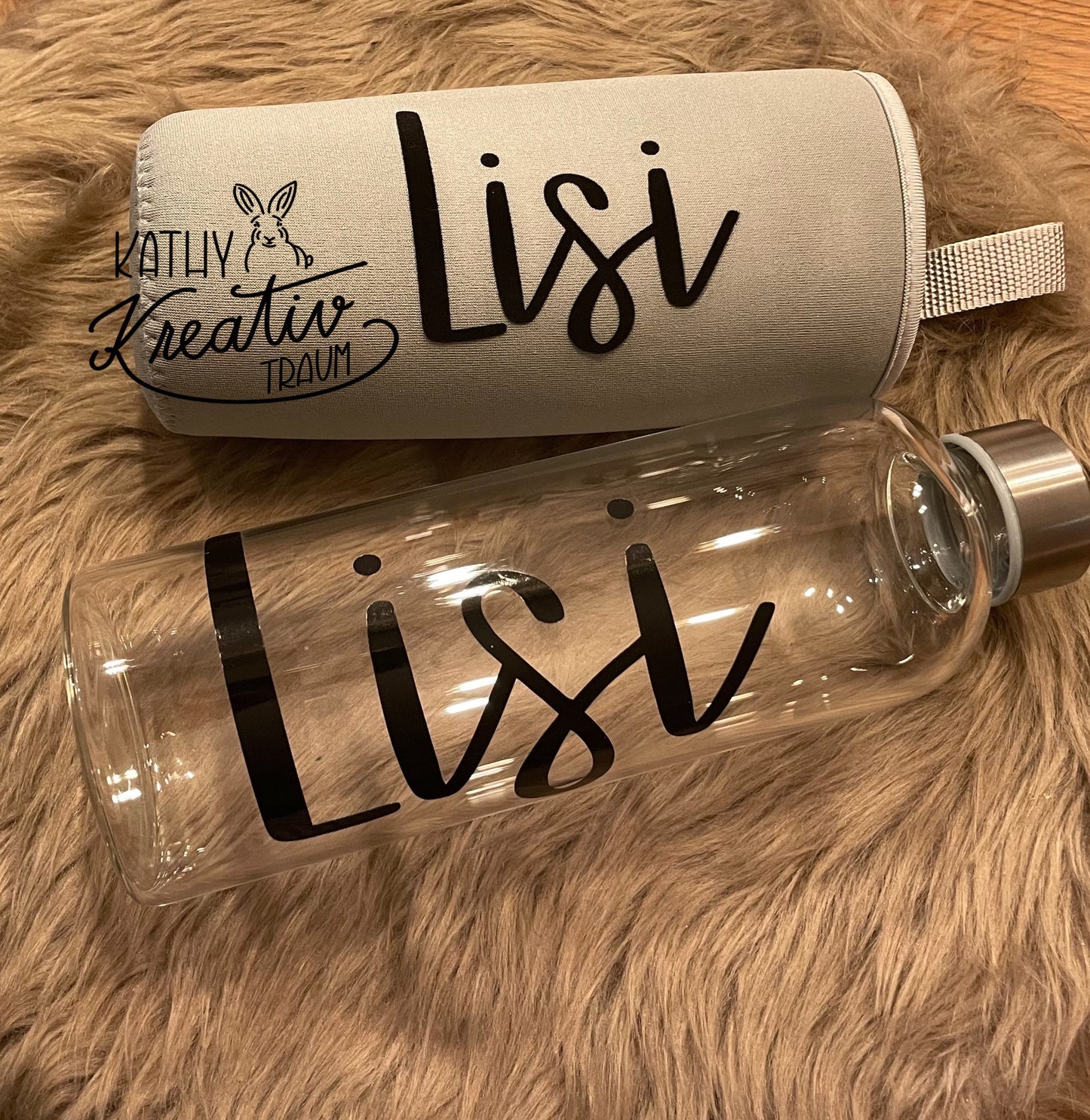 Personalisierte Glasflasche/Trinkflasche /Wasserflasche/Sportflasche mit Schutzhülle und Wunschname, wiederverwendbar 1L