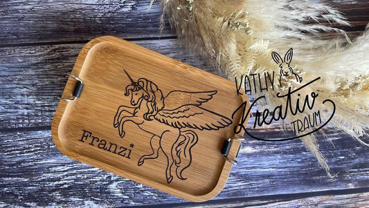 Edelstahldose Lunchbox Brotdose Brotzeitbox mit Holzdeckel Pausenbox Pegasus