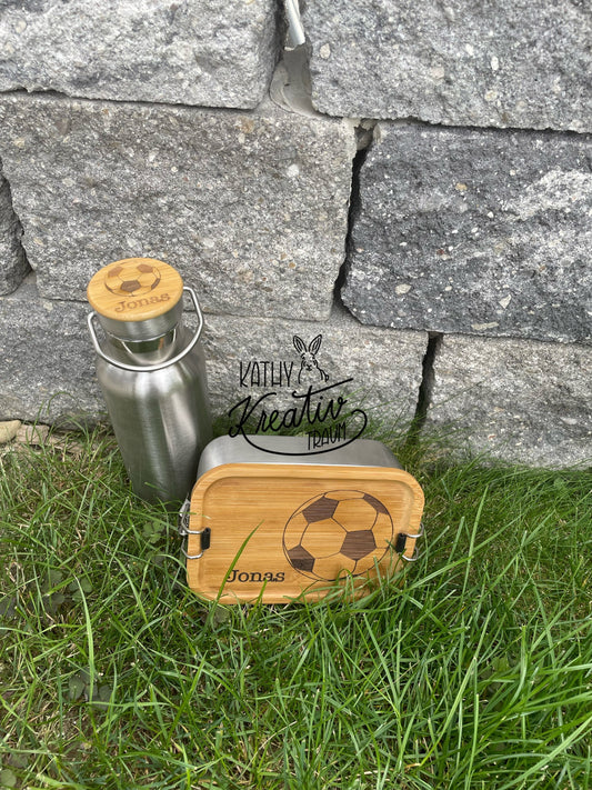 Edelstahldose mit Holzdeckel Lunchbox Pausenbox Brotdose Fußball