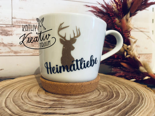 Kaffeetasse Teetasse handmade Hirschliebe Hirsch Heimatliebe Heimatglück Kork Untersetzer