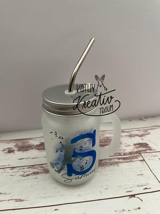 Henkelglas mit Deckel und Mehrweg-Strohhalm, Mason Jar bedruckt, spülmaschinenfest, Motiv wählbar, personalisiert, Henkel Glas