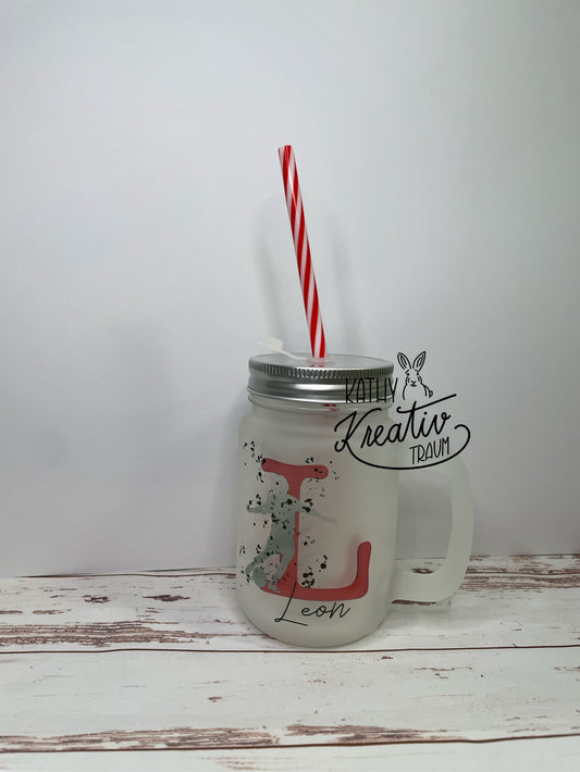 Henkelglas mit Deckel und Mehrweg-Strohhalm, Mason Jar bedruckt, spülmaschinenfest, Motiv wählbar, personalisiert, Henkel Glas