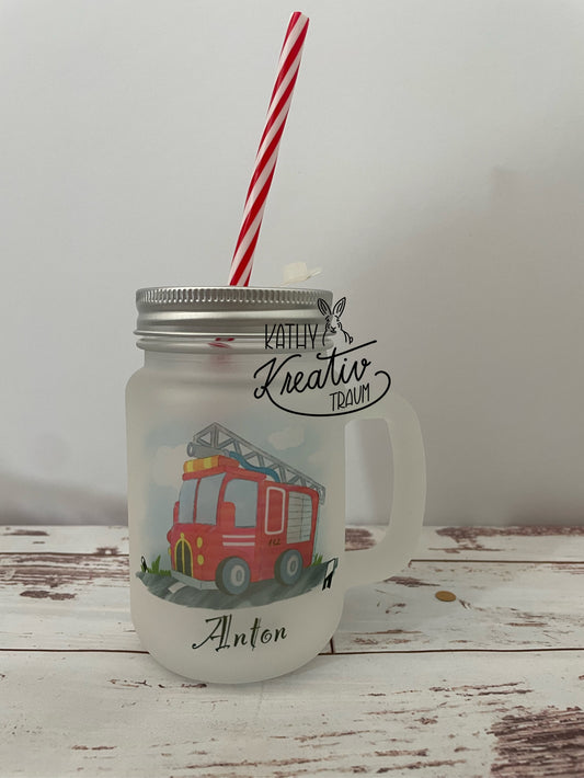 Henkelglas mit Deckel und Mehrweg-Strohhalm,Feuerwehr, Mason Jar bedruckt, spülmaschinenfest, Motiv wählbar, personalisiert, Henkel Glas