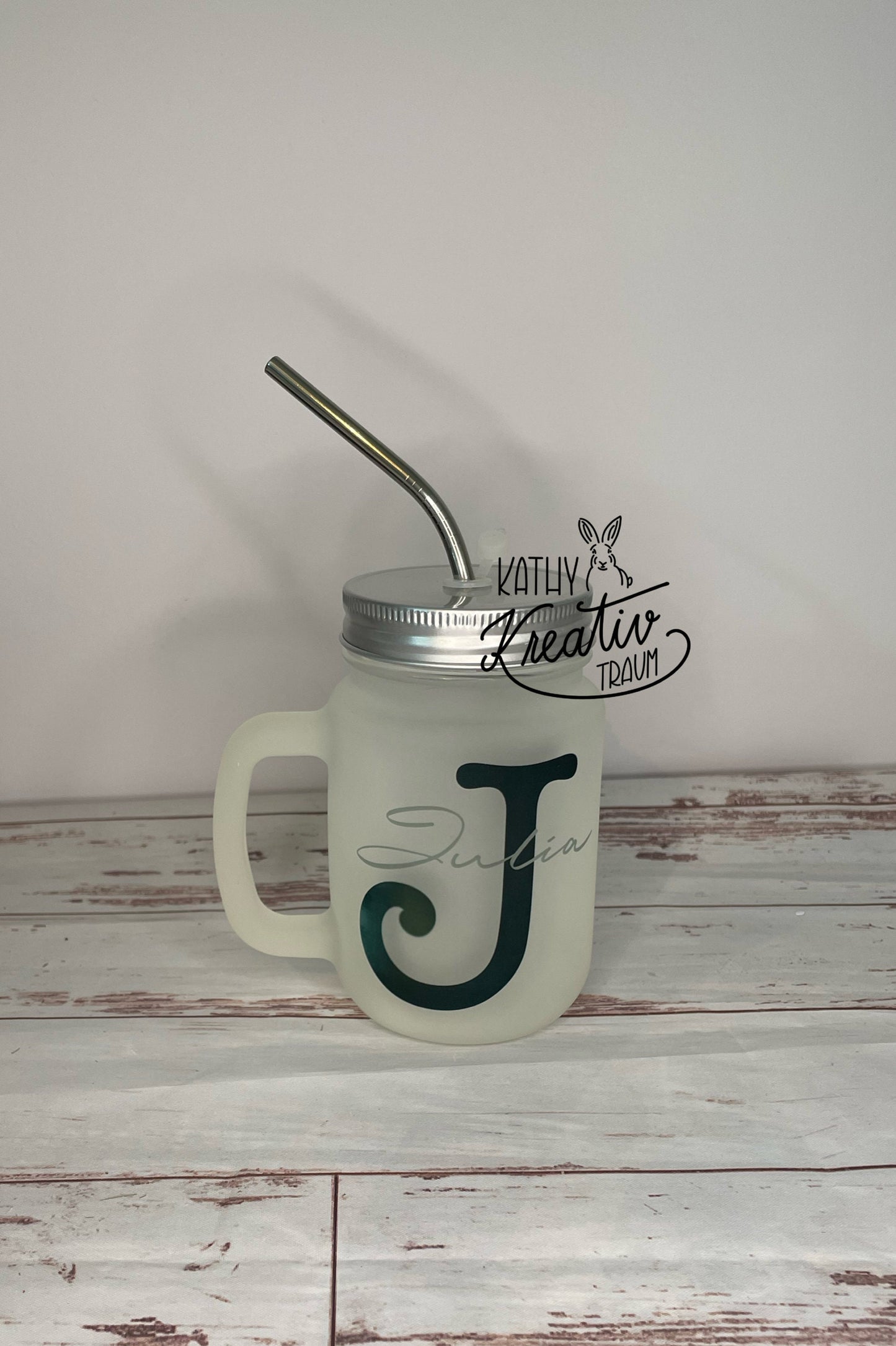 Henkelglas mit Deckel und Mehrweg-Strohhalm mit Name, Mason Jar bedruckt, spülmaschinenfest, Motiv wählbar, personalisiert, Henkel Glas