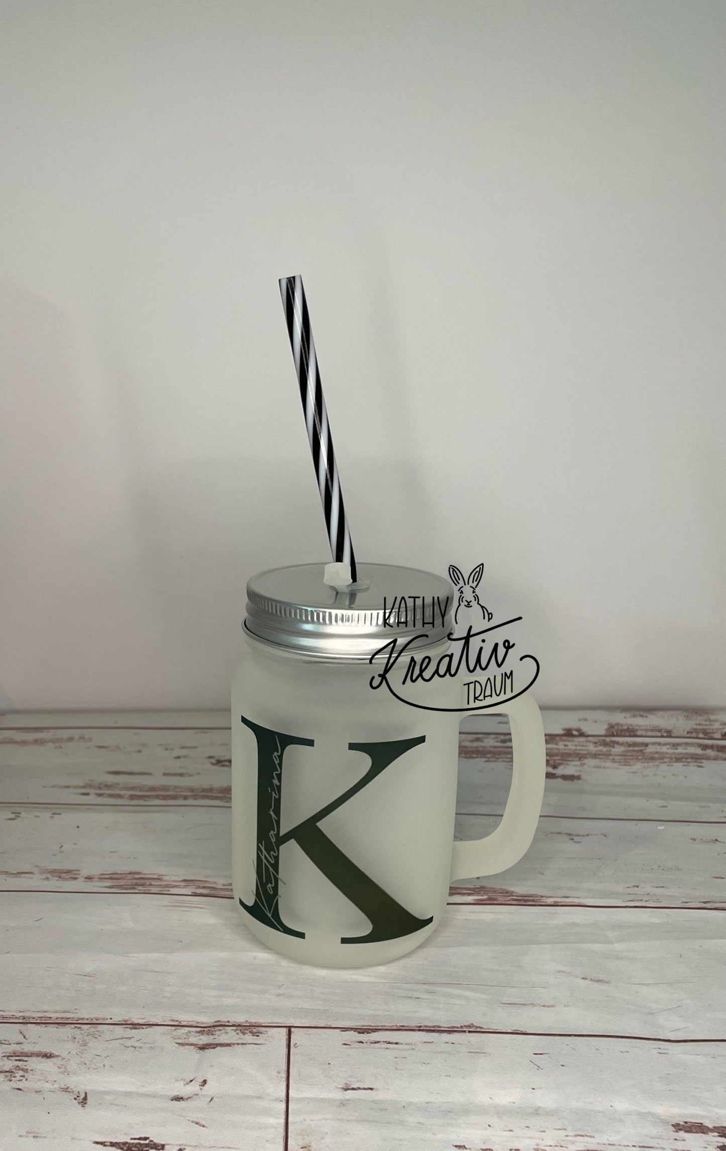 Henkelglas mit Deckel und Mehrweg-Strohhalm mit Name, Mason Jar bedruckt, spülmaschinenfest, Motiv wählbar, personalisiert, Henkel Glas