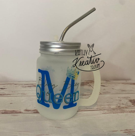 Henkelglas mit Deckel und Mehrweg-Strohhalm mit Name, Mason Jar bedruckt, spülmaschinenfest, Motiv wählbar, personalisiert, Henkel Glas